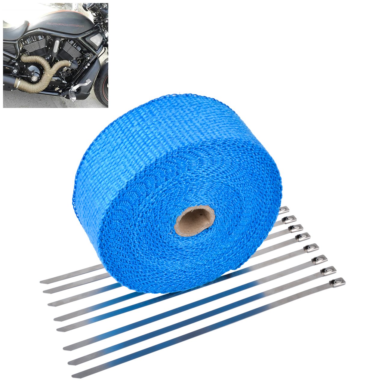 NATGIC 15M Car Motorcycle Exhaust Heat Wrap Tap Header Glassfiber Wrap Kit 2" x50Ft + 8PCS 11.8 inch Stainless Locking Ties(Blue)