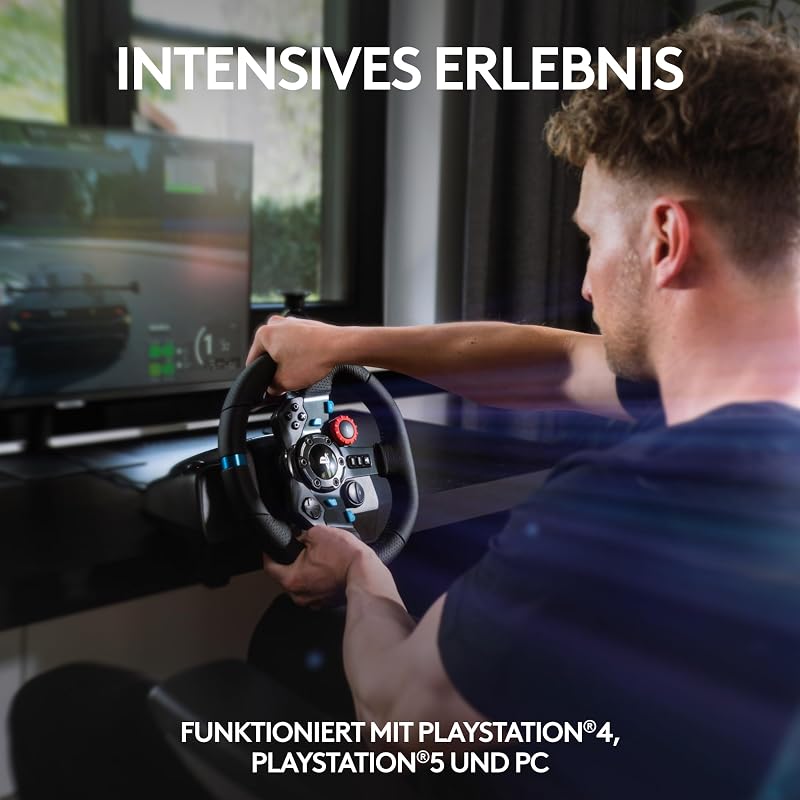 29 Driving Force Gaming Rennlenkrad, Zweimotoriges Force Feedback, 900° Lenkbereich, Racing Leder-Lenkrad, Verstellbare Edelstahl Bodenpedale, für PS5, PS4, PC, Mac - Schwarz