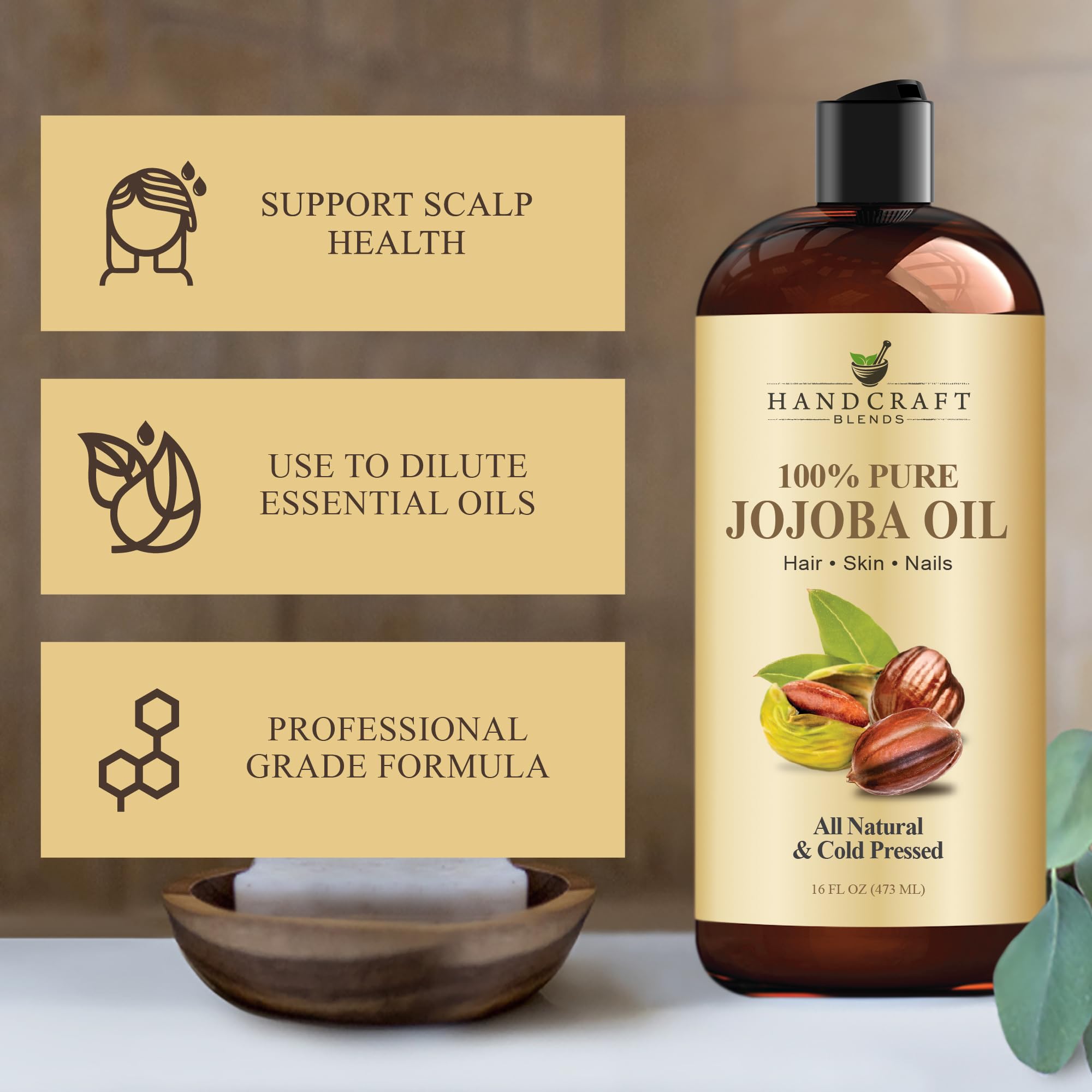 Handcraft Blends Jojoba Oil - Cold-Pressed 16 Fl Oz - 100% Pure | For Skin and Hair | Body Massage | Hair Relaxer | Premium Grade Oil | Hexane-Free