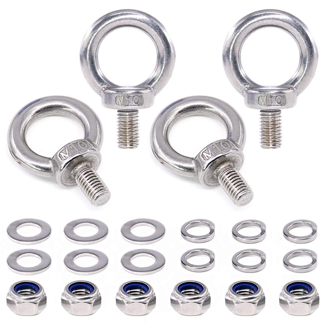 22Pcs 304 Stainless Steel M10 Male Thread Lifting Ring Eye Bolt Kit, Including 4Pcs M10 Eye Bolt with 6Pcs Lock Nuts, 6Pcs Lock Washers and 6Pcs Flat Washers