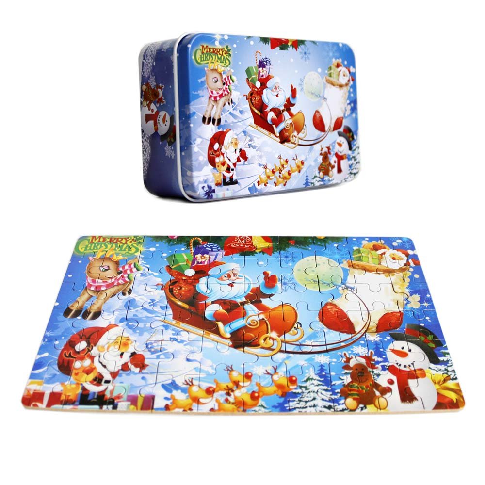 Oostifun 60 Pieces Wooden Jigsaw Puzzle Merry Christmas Xmas Santa Claus Early Children Development Puzzle Wooden Cartoon Toys with Metal Storage Box for Boys & Girls (60 Pieces)