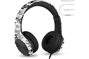 LilGadgets Connect+ Pro Wired Kids Headphones for School w/Microphone, Volume Limiting Noise Reducing Over-Ear Headset w/Cord, SharePort Technology & SoftTouch Padding, Snow Camo Headphones for Kids
