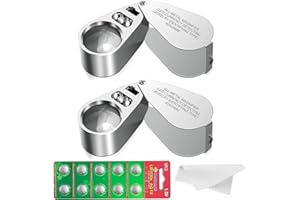 HMKIS 2 PC 40X Illuminated Jewelers Loupe Magnifier - Full Metal Portable Folding Magnifying Glass with LED Light & 10 Batteries for Coins, Diamonds, Gems, Stamps, Currency Detection, Jewelry Appraisal (2)