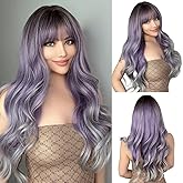 OUFEI Long Wavy Ombre Purple to Grey Wig with Bangs for Women Natural Synthetic Hair Heat Resistant Ombre Wigs with Dark Roots for Daily Party Cosplay Wear-24 Inches
