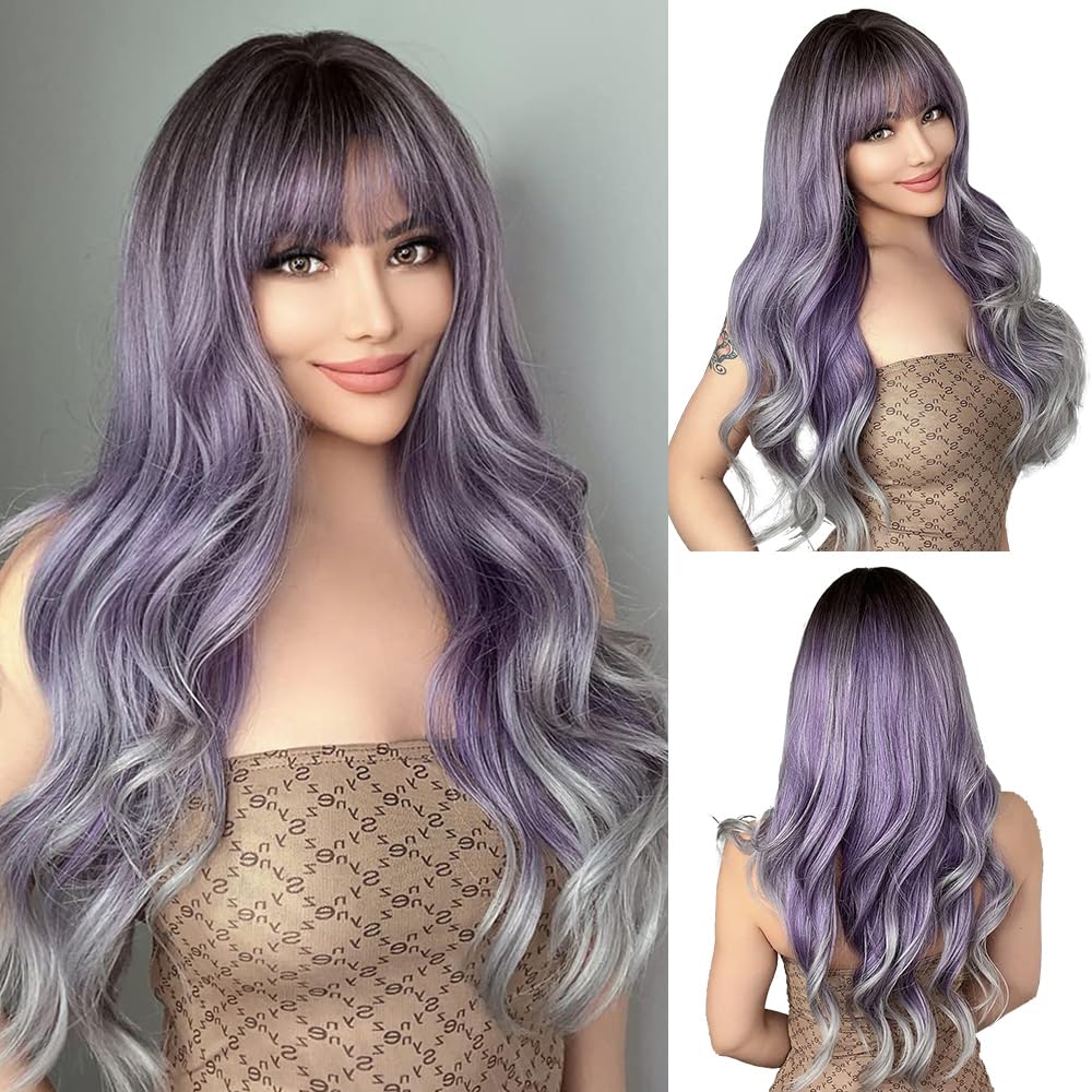 OUFEI Long Ombre Purple Wig With Bangs Natural Wavy Wigs for Women Natural Synthetic Hair Heat Resistant Wigs for Daily Party Cosplay Wear — image 1