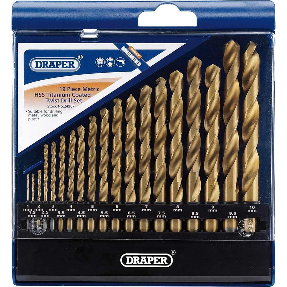 Draper 24907 HSS Titanium Coated Metric Drill Bit Set, 1mm-10mm, Blue, 19 Pcs