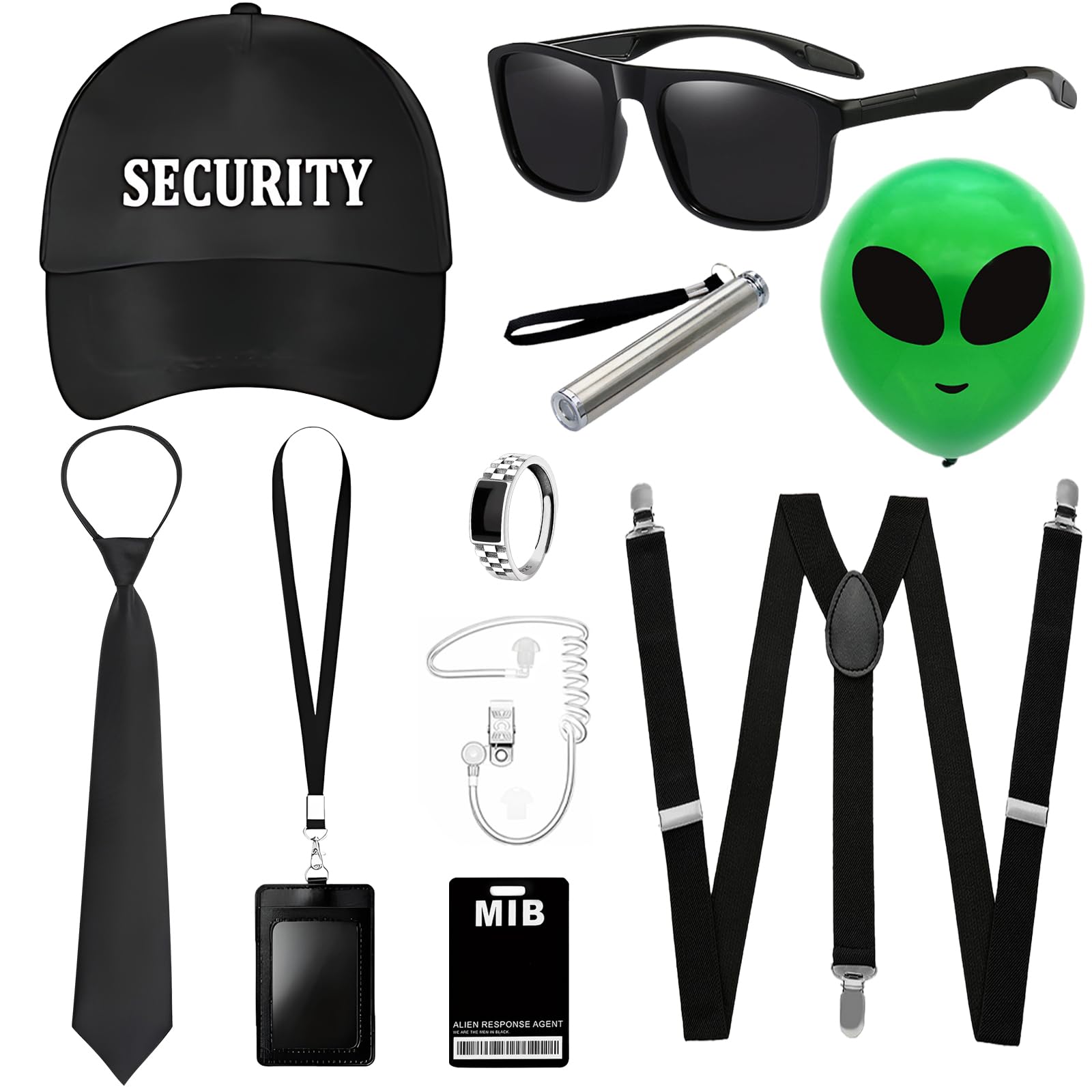 Kyndara 10Pcs Secret Agent Costume Set, Secret Security Guard Outfit Kit with Security Hat Suspenders Sunglasses Card Holder Headphones Balloon Tie Ring for Men Women MIB Cosplay Theme Party