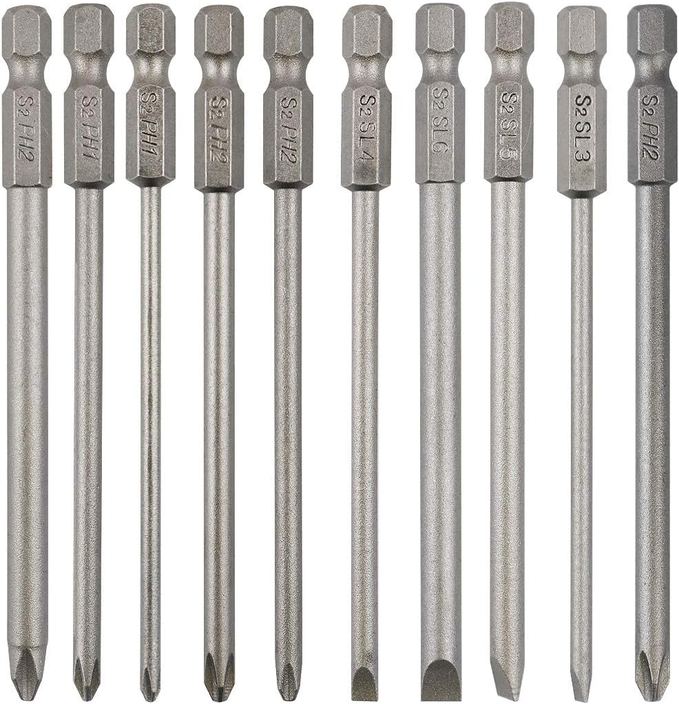 Nxtop 10pcs 1/4 Inch Hex Shank Long Magnetic Screwdriver Bits Set 4 in Power Tools (Slotted+Cross Head)