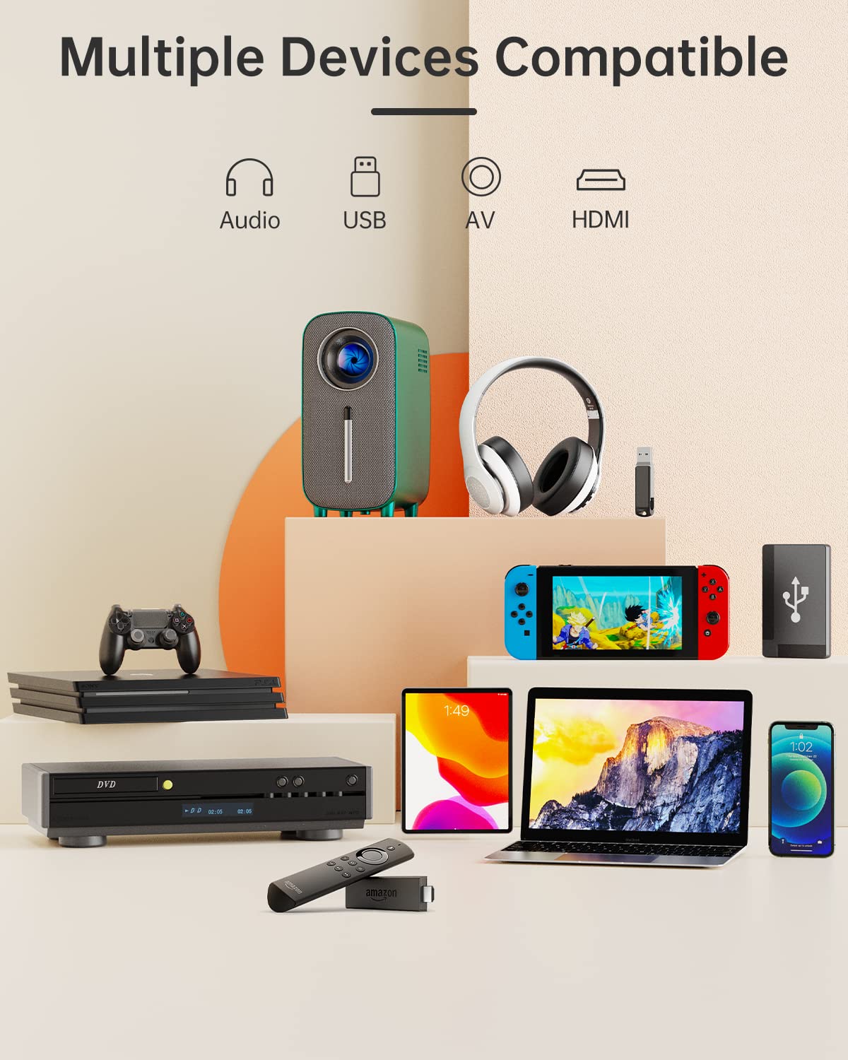 Mini Portable Bluetooth Movie Projector: HISION 1080P 4K Outdoor Home TV Proyector 8500L HD Video Led Projectors Gaming Cinema Theater Camping Support TV Stick Laptop Phone Tablet HDMI USB