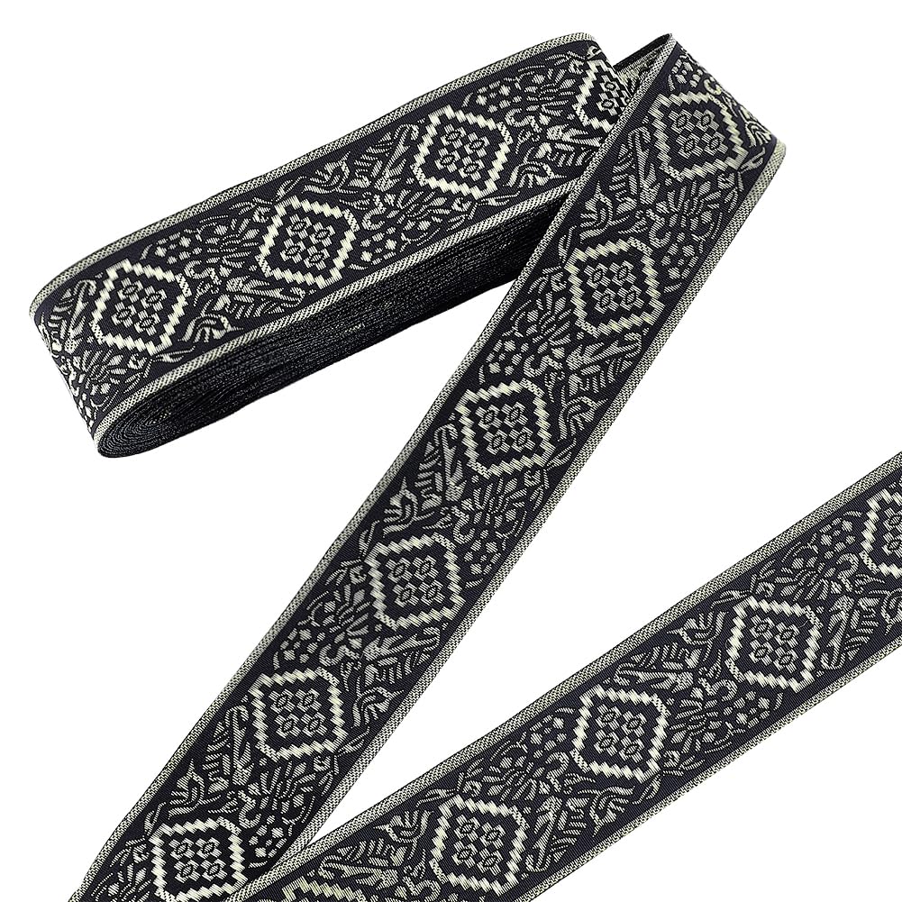 PH PandaHall 10 Yards Embroidered Ribbon, 40mm Ethnic Jacquard Ribbon Vintage Ribbons Fabric Trim Fringe for Sewing Crafting Home Decor Wedding DIY Clothing Accessories, Black