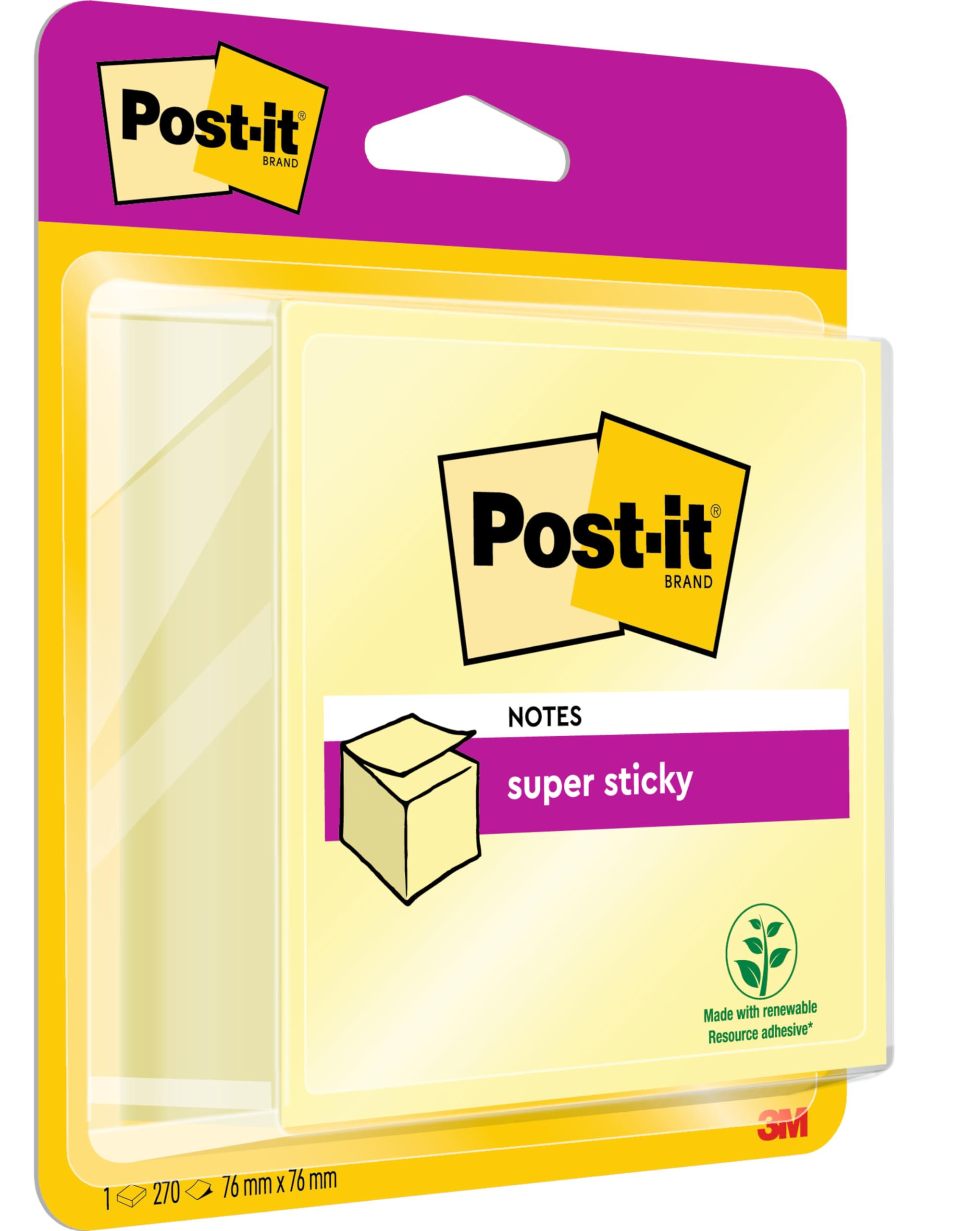 Post-it Super Sticky Notes Cube, Canary Yellow - 270 Sheets, 76 mm x 76 mm - Extra Sticky Notes for Note Taking, to Do Lists & Reminder
