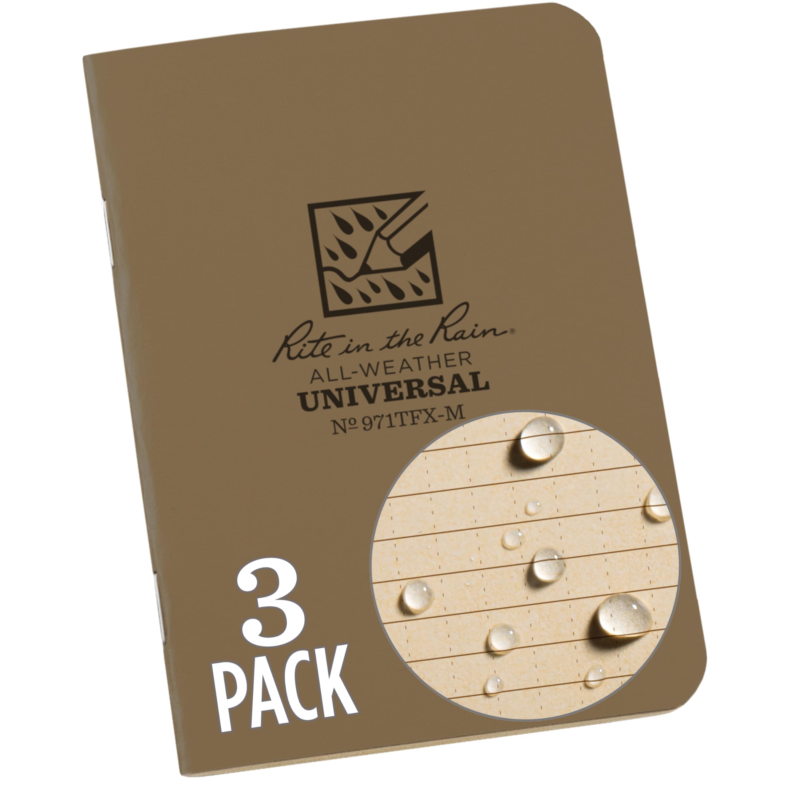 Rite in the Rain Weatherproof Mini Stapled Notebook, 3.25" x 4.625", Tan Cover, Universal Pattern, 3 Pack (No. 971TFX-M)