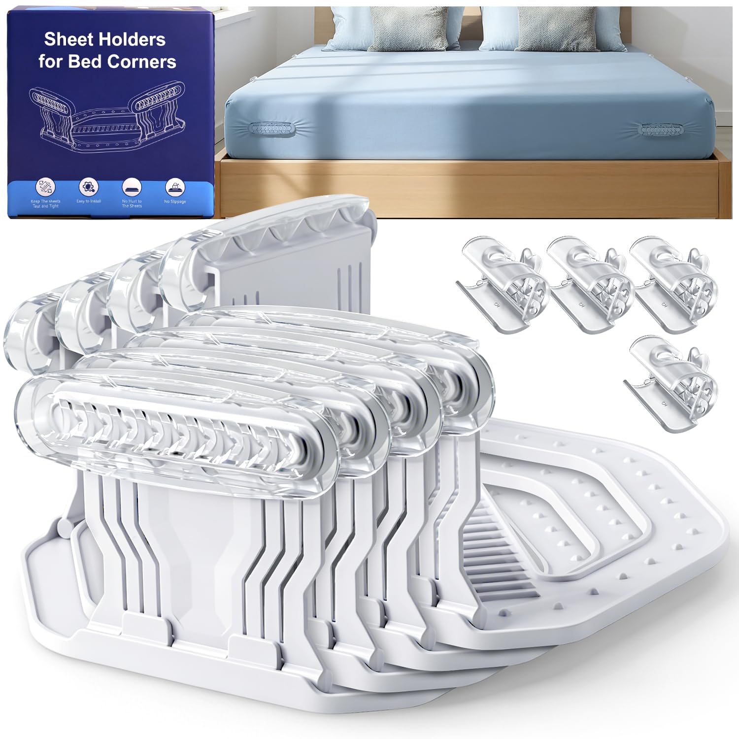 Cyqlity Upgrade Bed Sheet Holders for Corners, 4Pcs Heavy Duty Bed Sheet Locks and 4Pcs Sheet Clips Keep Sheets in Place Firmly, No More Fitted Sheet Coming Off, Bed Sheet Fasteners Fit All Mattress