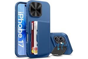 SIXBOX for iPhone 17 Case with Card Holder, Built-in Stand & Camera Lens Cover, Shockproof Rugged Silicone Bumper Raised Edge Protective Wallet Phone Case for iPhone 17 6.3" 2025, Blue