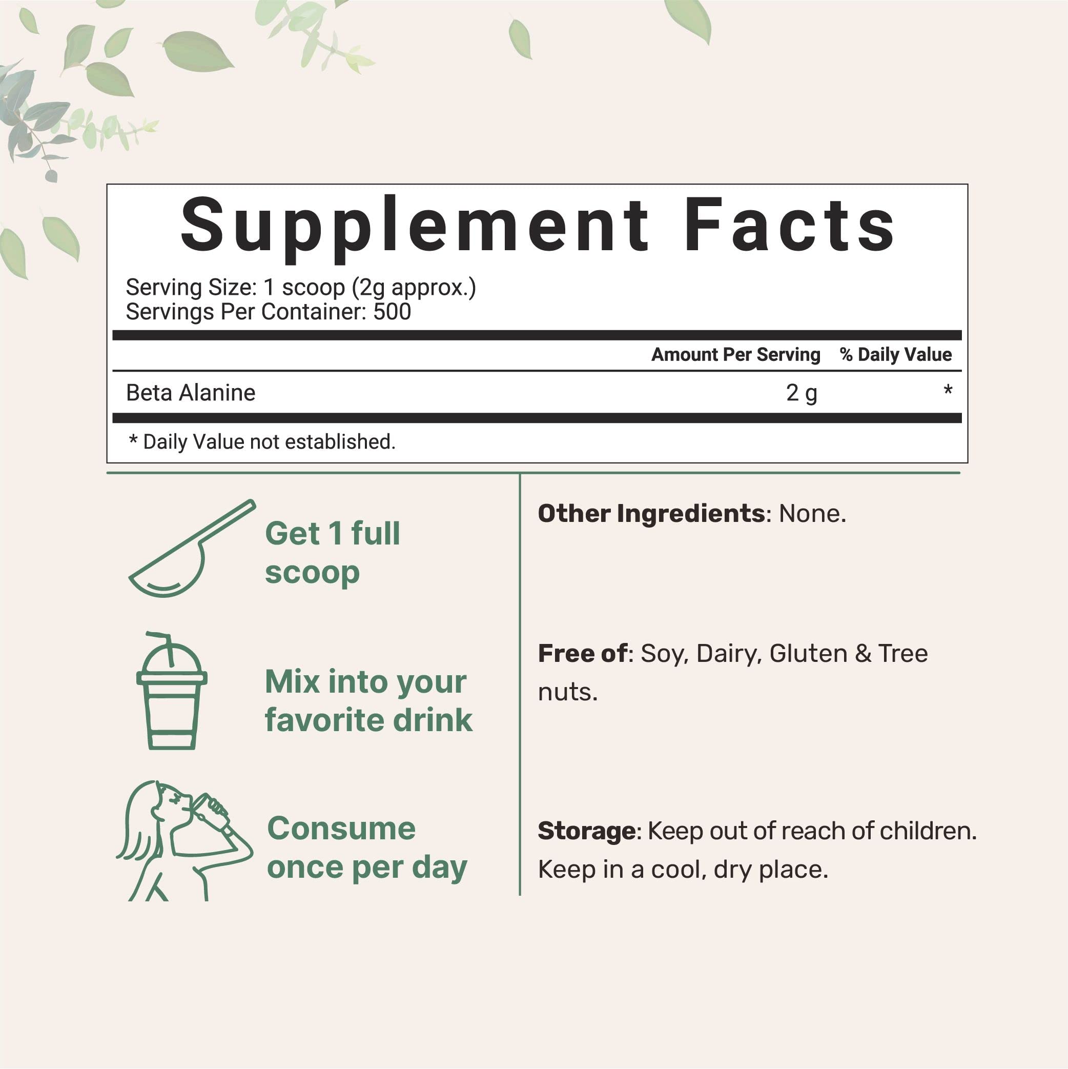 Beta Alanine Powder, Pure Beta Alanine Supplement, 2.2 Pounds (500 Days Supply), Filler Free, Amino Energy Pre Workout, Unflavored, Non-GMO and Vegan Friendly