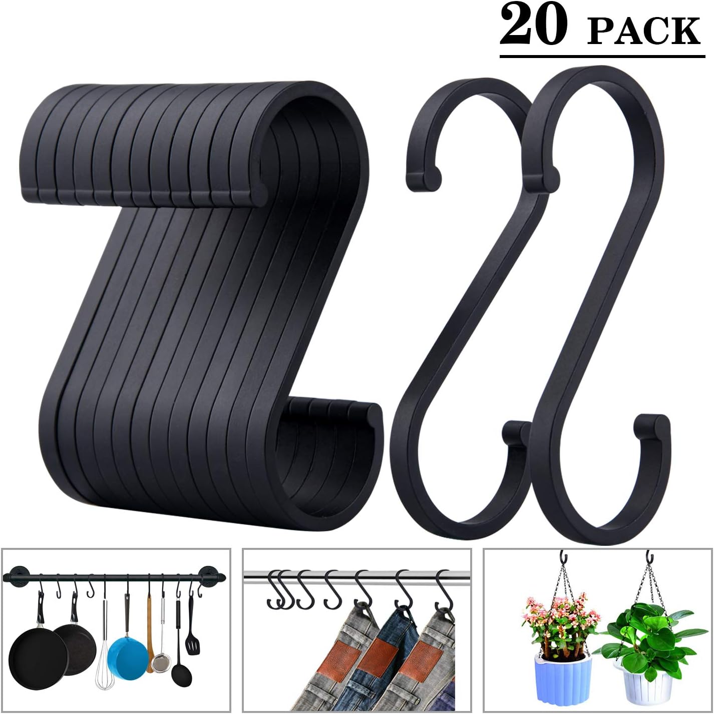 ACMETOP S Hooks, Aluminum S Shaped Hooks, Matte Finish S Hooks for Hanging Pots and Pans, Plants, Clothes, Towels in Kitchen, Bedroom, Bathroom, Office and Garden (20 Pack Matte Black)
