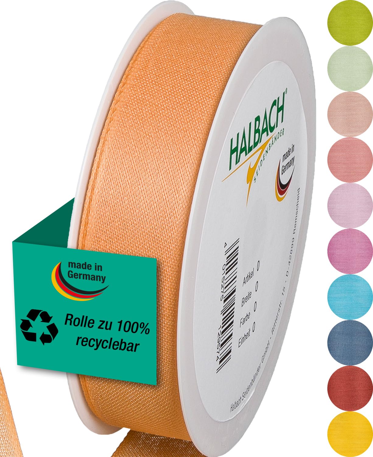 Halbach Seidenbänder Gift Ribbon | Width 25 mm Length 25 m | Ribbon Made in Germany | Gift Ribbons in a Variety of Colours and Widths Perfect for Packaging and Decorating, Colour: Apricot