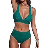 CUPSHE Women's High Waisted Bikini Sets Two Piece Swimsuit Deep V Neck Back Hook Adjustable Straps Bathing Suit