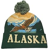 Alaska Beanie Knit Hat Eagle Soar Mountains Green Golden Tan Pom Pom