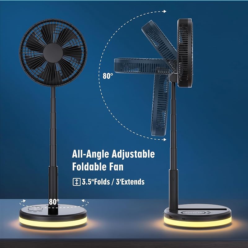 Ventilador de chão portátil dobrável e oscilante - 7,8" 16000mAh Ventoinhas de mesa pequenas USB C com comando remoto, Ventoinha Silent Pedestal para viagens em escritório de sono em casa