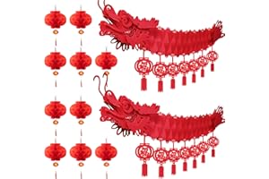 Peywot 3D Chinese New Year Dragon Ceiling Decorations, Chinese Dragon Decoration with 2 Chinese Dragon and 10 Chinese Lanterns for Lunar New Year Decorations 2025 Chinese Spring Festival Party