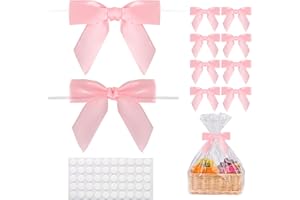 HOOYIYUUX 50pcs Pink Twist Tie Bows, 3.5'' Pre-Tied Satin Ribbon Mini Pink Bows for Gift Wrapping, Crafts, Wedding & Party Decoration
