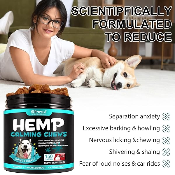 HEMP CALMING CHEWS FOR DOGS, 150 CHEWS PREMIUM DOG CALMING TREATS WITH HEMP OIL – ANXIETY, SEPARATION, BARKING, STRESS RELIEF, MELATONIN FOR DOGS, SLEEP CALMING AID FOR ALL AGES, BREEDS & SIZE