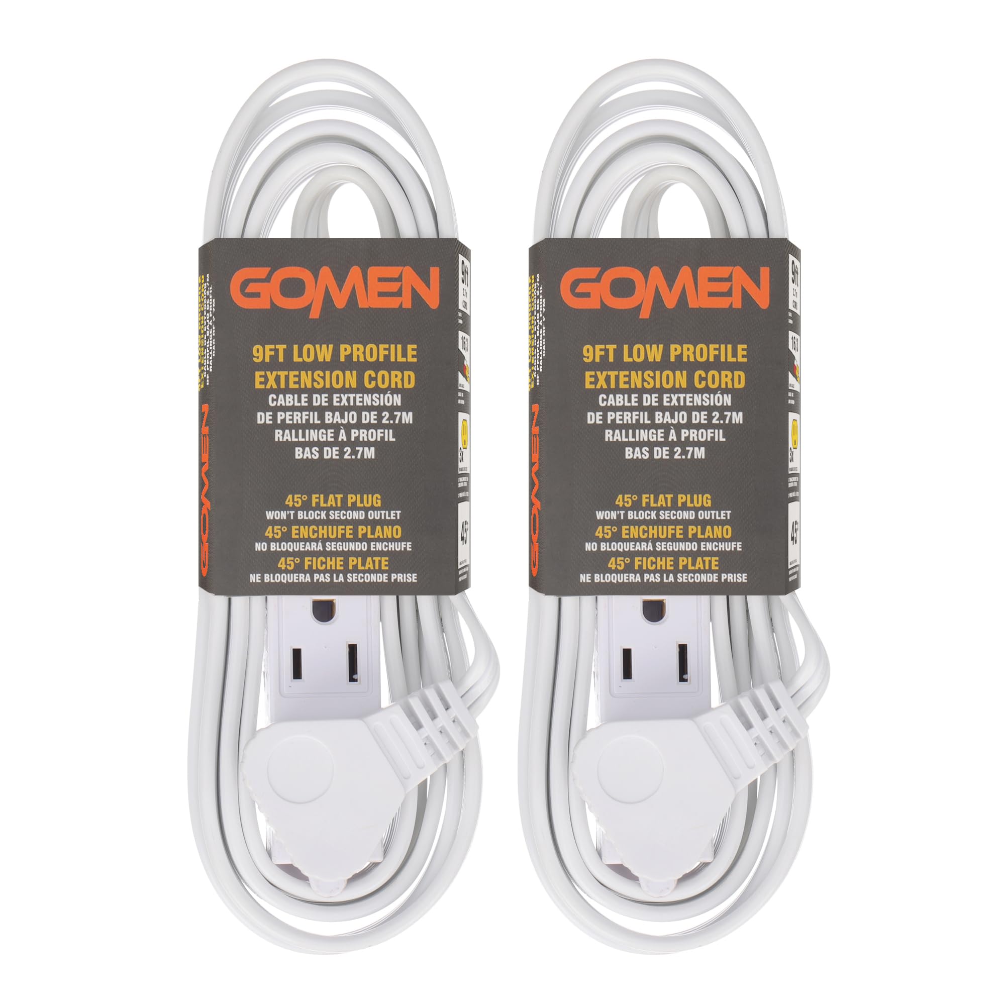 Photo 1 of GOMEN 9 Feet Indoor Extension Cord with 3 Outlets, AWG 16/3 Angled Flat Plug Power Strip, 3 Prong Grounded, 13 Amps - 1625 Watts - 125 VAC, White, 2 Pack