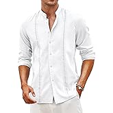 COOFANDY Men's Cuban Guayabera Shirt Casual Long Sleeve Button Down Shirts Band Collar Linen Summer Beach Shirt