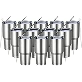 MEWAY 30oz Insulated Tumbler With Lids and Straws,Stainless Steel Double Vacuum Coffee Tumbler Cup, Brush, Durable Powder Coated Coffee Cup for Cold & Hot Drinks, Office, Travel(Silver,12 PACK)