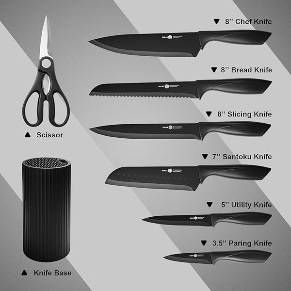 NULAS KNIFE SET, 8-PIECE KITCHEN KNIFE SET WITH UNIVERSAL BLOCK – ANTI-RUST CHEF KNIVES, ERGONOMIC DESIGN, DISHWASHER SAFE (BLACK)