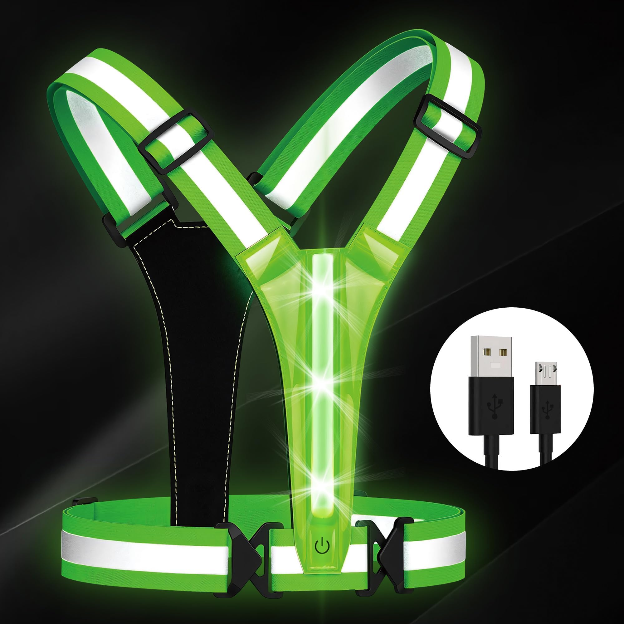 Sundonix LED Reflective Running Light Vest - USB Rechargeable High Vis Chest Light Gear Gift for Runner Night Jogging Cycling Walking (Green)