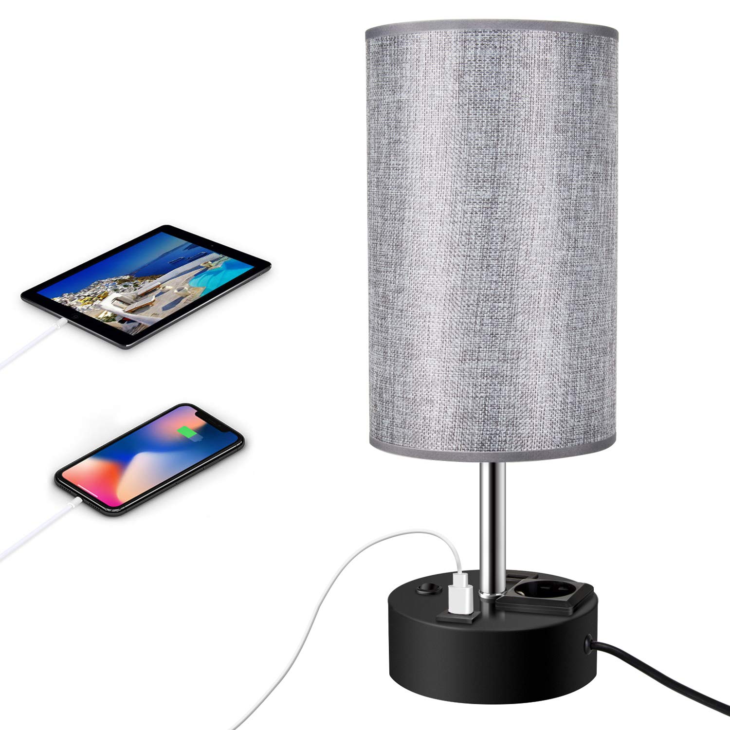 ENCOFT Tischlampe Nachttischlampen Schreibtischleuchte mit 2 USB mit e27 Fassung Lampenschirm