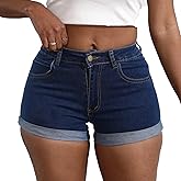 Yyibsones Women's Casual Stretchy Denim Shorts High Waisted Folded Hem Jeans Shorts