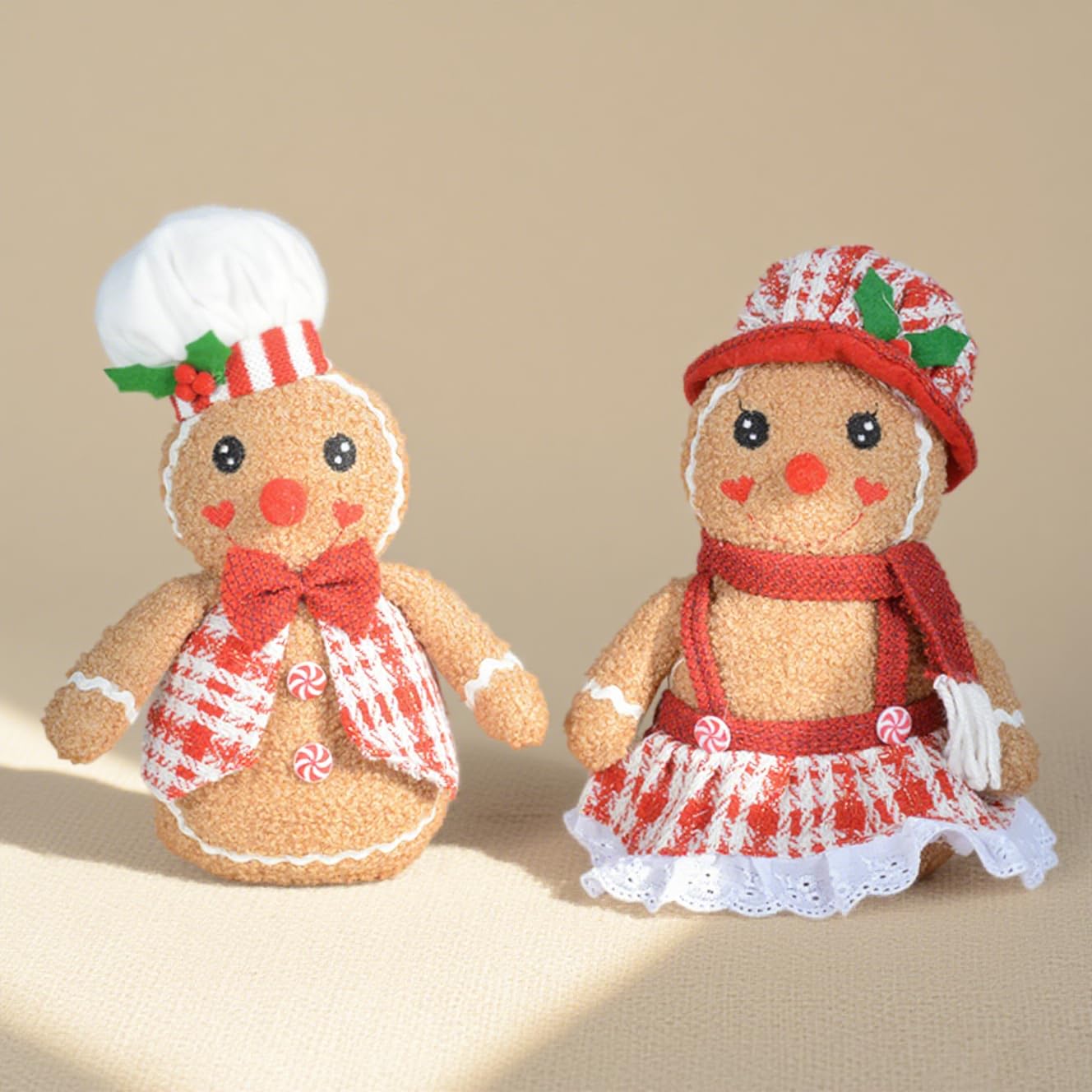 Photo 1 of 10 inches Beige Handmade Christmas Gingerbread Man Boy Girl Figures with Chef Hat Bowknot Christmas Ornament Home Decorations Doll Soft Door Christmas Gingerbread Plush Decor 1set?2pcs?