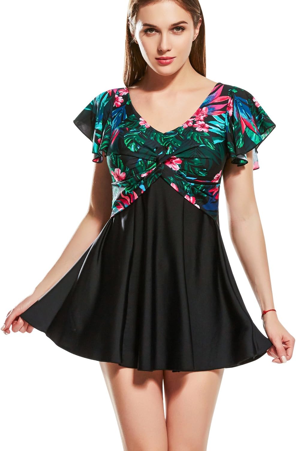 Women’s Swimming Costumes, 2018 New Two Pieces Floral Printing Swimwear with Shorts, Ladies Built-in Cup Tummy Control Swimdress Swimsuit Bathing Suits Beachwear, Tankini