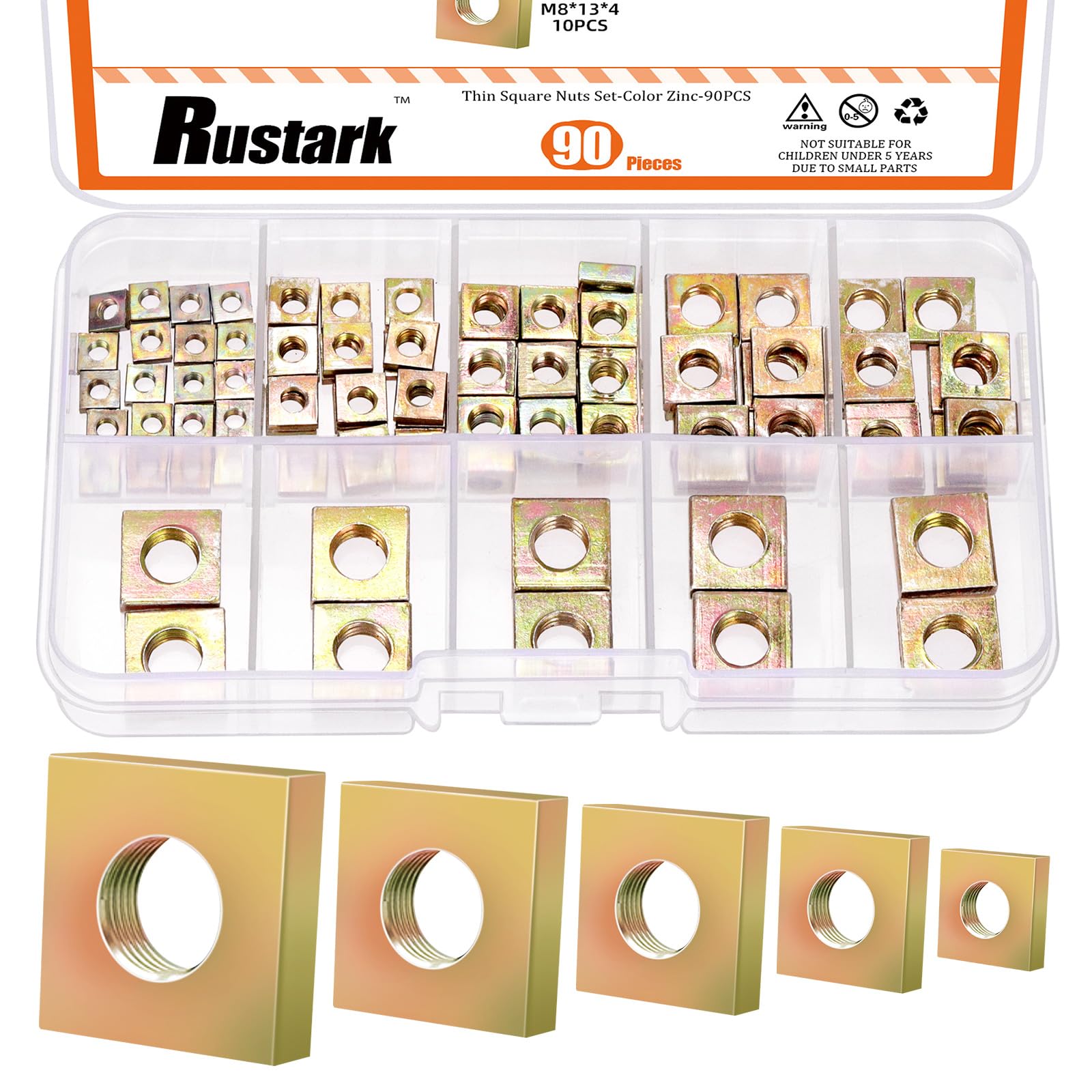 Rustark 90Pcs M3 M4 M5 M6 M8 Square Nuts Assortment Kit Yellow Zinc Plated Metric Coarse Thread Machine Square Nuts for Mechanical Electronic Equipment