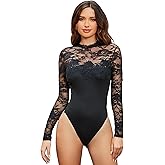 WDIRARA Women's Floral Lace Mock Neck Long Sleeve Mesh Sheer Skinny Bodysuit
