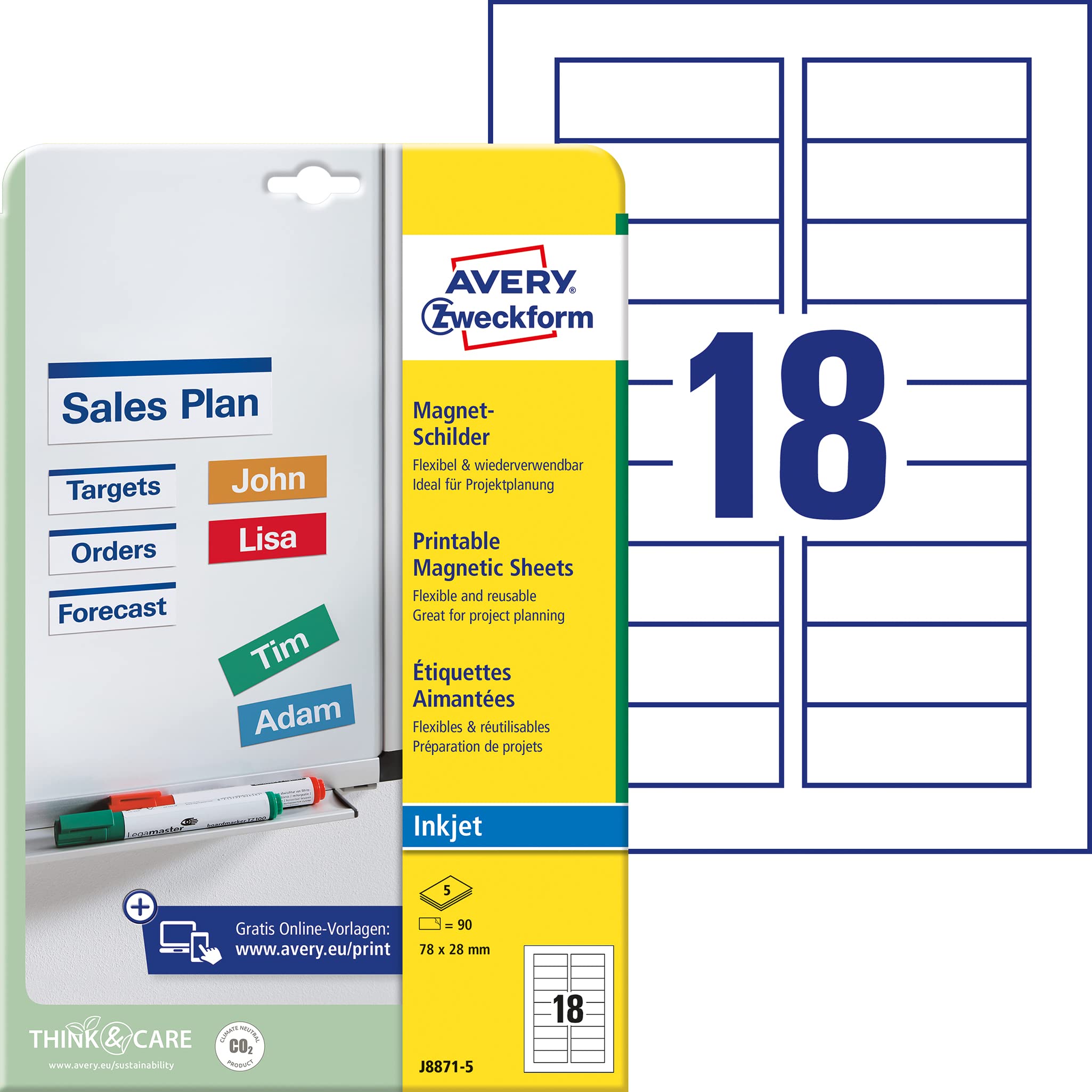 Avery Zweckform J8871 Printable Magnetic Sheets (90 Labels 78 x 28 mm Special Coating) 5 White