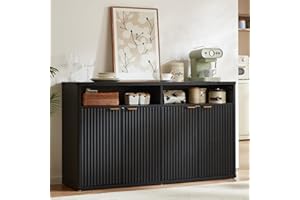 LEYAOYAO Fluted Buffet Cabinet with Storage, 55" Wide Wood Sideboard Credenza with 4 Doors & Open Storage Shelf, Modern Kitchen Console Accent Cabinets, Coffee Bar Table for Dining Room, Black Oak