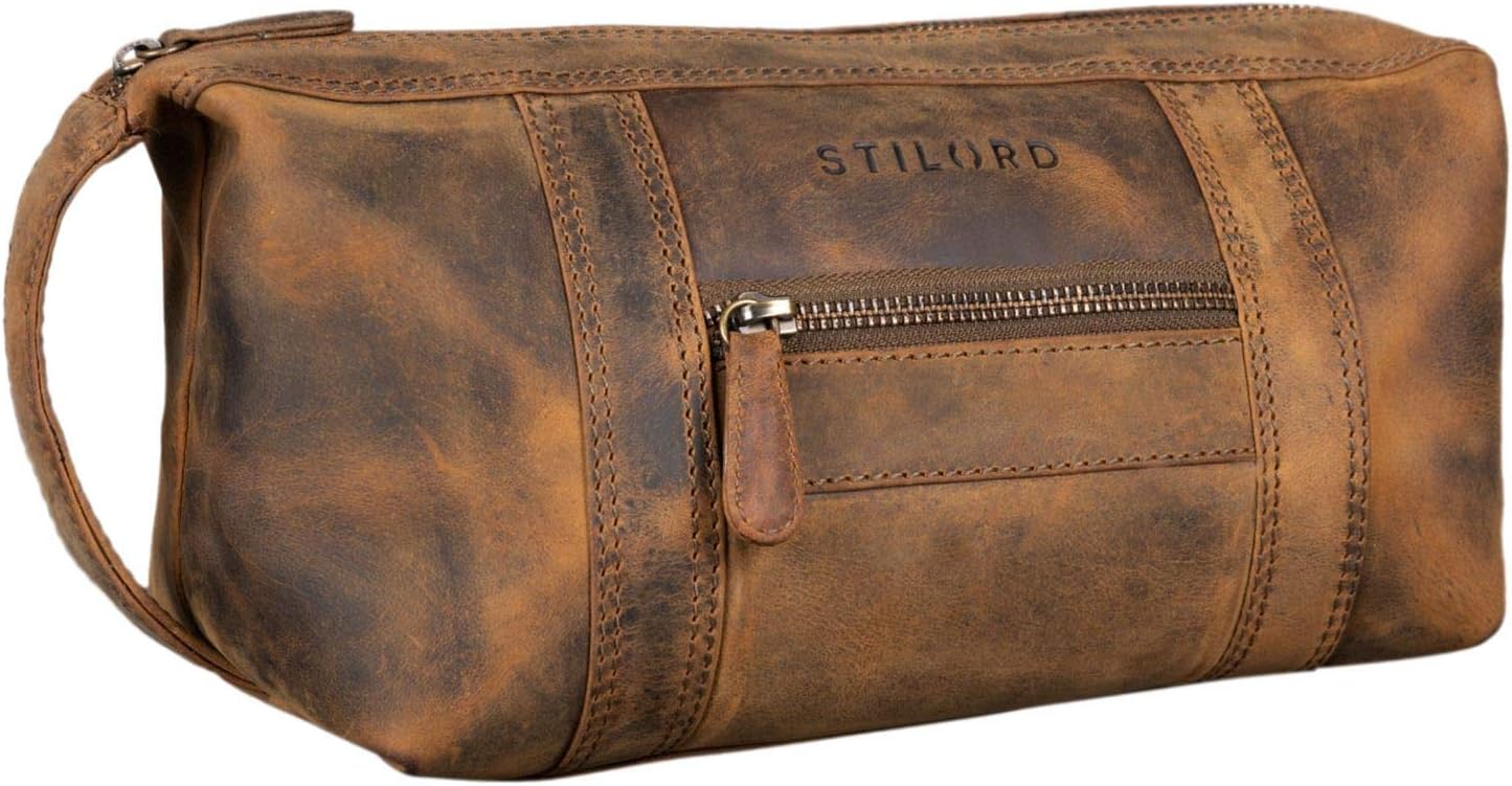 STILORD "Bruno" Men's Wash Bag Vintage Leather Travel Toilet Bag Toilet Kit with Wrist Strap 2 Compartments Overnight Wash Gym Bag Colour:Middle Brown