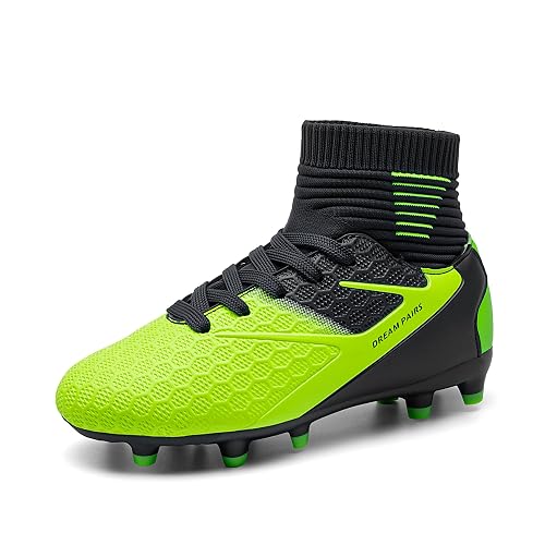 DREAM PAIRS Boys' Football Boots Kids Girls Turf High Top Spikes Non-Slip Junior Soccer Shoes Outdoor Sneakers for Unisex,Size 2 Big Kid,Dark/Blue/Neon/Green,HZ19002K