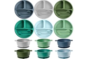 Dandat 24 Pcs Silicone Baby Feeding Set,6 Baby Toddler Suction Bowls 6 Divided Suction Plates with 6 Forks 6 Spoons, Utensils Set for Weaning Infant Feeding and Eating, 6 Styles(Vivid Color)