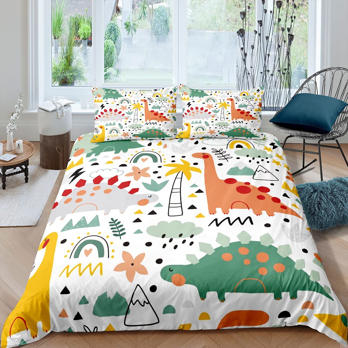 Homemissing Kids Cartoon Dinosaur Duvet Cover Dino Botanical Bedding Set for Kids Boys Girls Children Jungle Animals Comforter Cover Ultra Soft Nature Bedding & Linen 3Pcs King Size,Zipper
