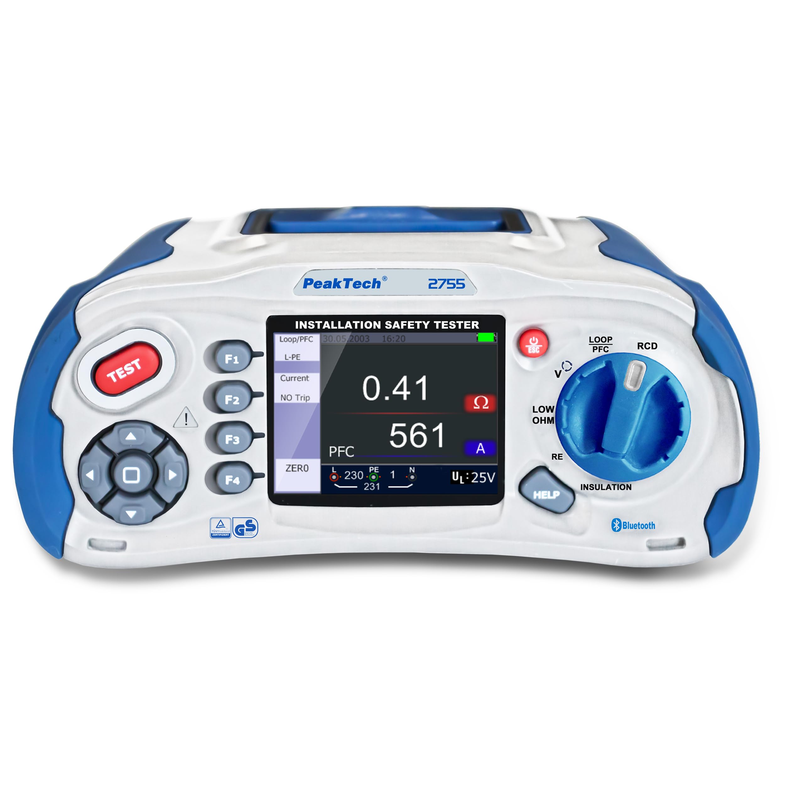 PeakTech 2755 - VDE-0100 Installation tester with Bluetooth, USB & SD card, multifunction test device according to VDE, 3.5 "color TFT display, IP 65, internal memory, app iOS & Android - CAT III 600V