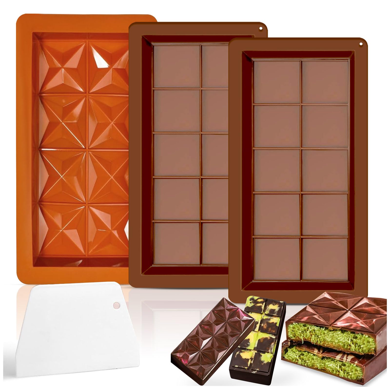 Audasi Deep Chocolate Moulds, 3pcs Silicone Big Chocolate Bar Mould with Spatula Thick Chocolate Bar Mold Sweet Candy Moulds Jelly Moulds for DIY Baking