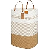 danpinera Large Laundry Hamper – 75L Tall Woven Cotton Storage Basket with Leather Handles, Slim Dirty Clothes Hamper, Decorative Storage Basket for Blanket,Toys White & Jute