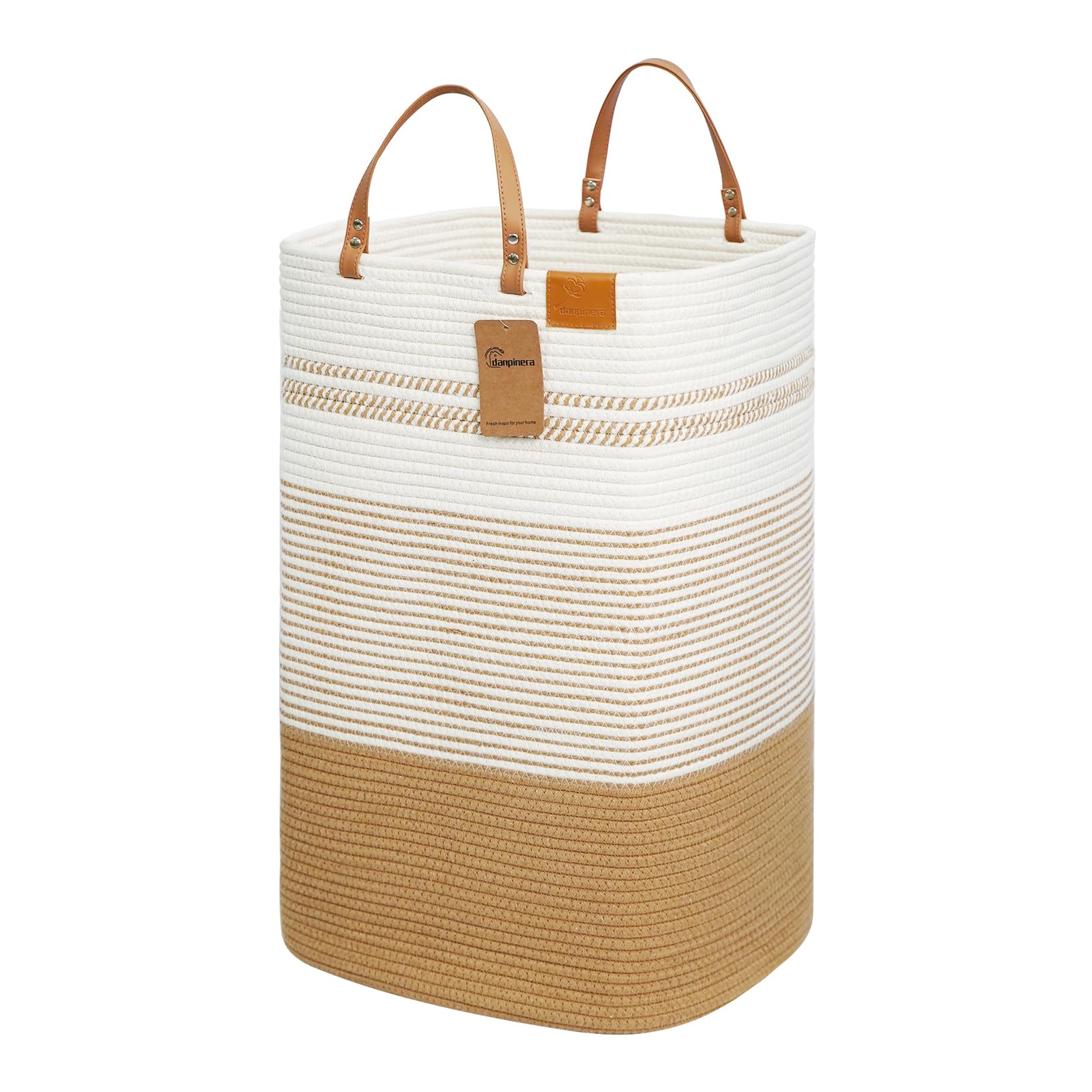 Photo 1 of danpinera Large Laundry Hamper – 75L Tall Woven Cotton Storage Basket with Leather Handles, Slim Dirty Clothes Hamper, Decorative Storage Basket for Blanket,Toys White & Jute