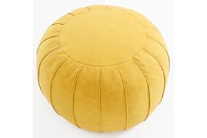 C COMFORTLAND Unstuffed Faux Leather Ottoman Pouf, Round Foot Rest Poof Ottomans, Floor Foot Stool Poufs, Bean Bag Cover with Storage for Living Room, Bedroom, Yellow (No Filler)