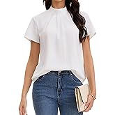 MISMI Women's Mock Neck Short Sleeve Pleated Front Elegant Business Casual Work Blouses Shirts